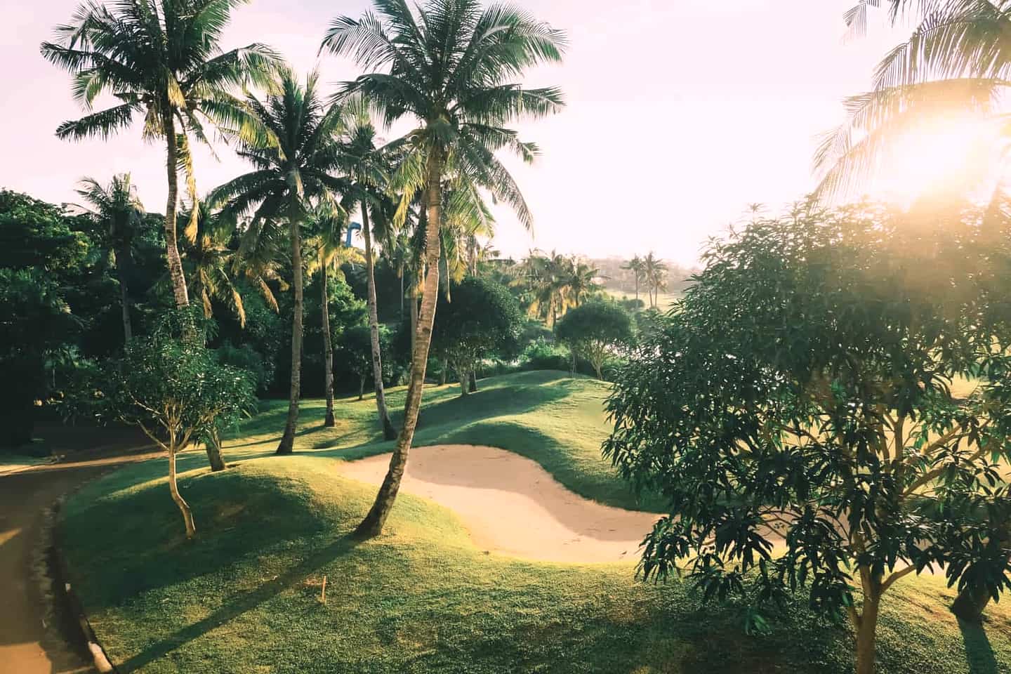 A quiet golf course fairway in soft morning light